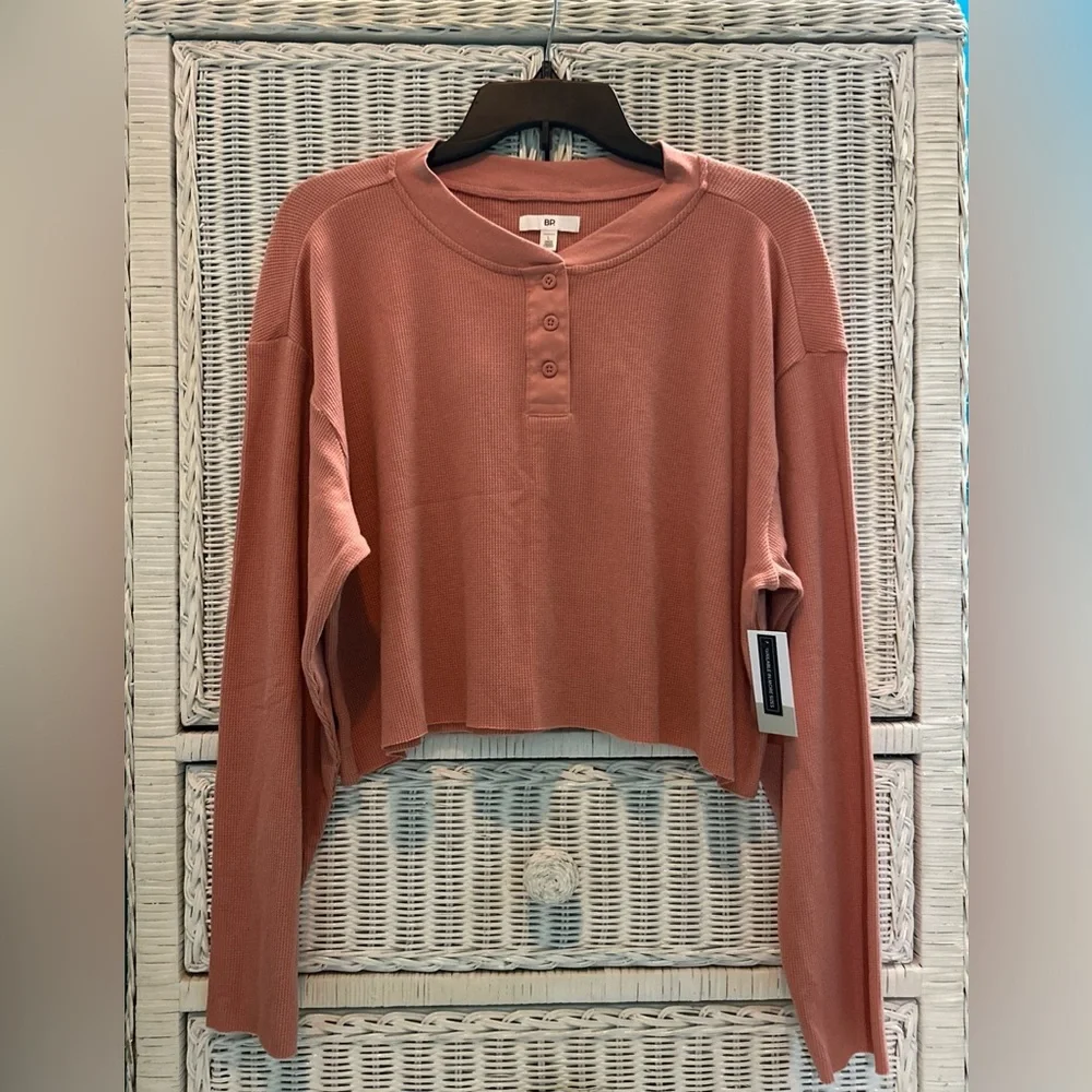 NWT BP Cropped Henley Waffle Knit Top Pink- Salmon Dawn Long Sleeve| Size L |BB4